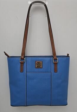 Dooney & Bourke Lexington Tote Sky Blue Pebbled Leather Shoulder Bag Tan Trim